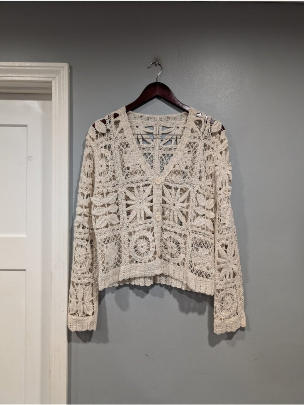 Commense Womens Cream Cotton Blend Crochet Square Cardigan Open Knit Floral Sz L